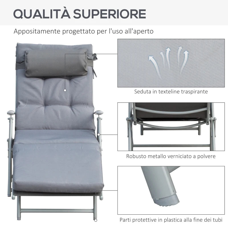 Outsunny Sdraio Da Giardino Pieghevole e Reclinabile su 7 Livelli con Cuscino e Materassino, 137x63.5x100.5 cm, Grigio