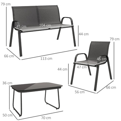 Outsunny Set da Giardino con Divano 2 Posti, 2 Poltrone Impilabili e Tavolino in Vetro, Nero