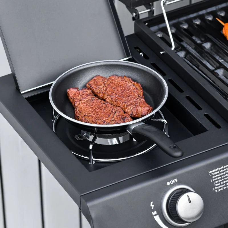 Outsunny Barbecue a Gas con Coperchio, 7 Bruciatori da 20kW, Fornello Laterale e 2 Ruote, 135x50x100 cm, Nero