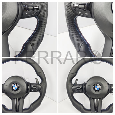 (PRENOTA) Volante per BMW, Pelle Nera, Cromatura Nera, Filo Multicolore