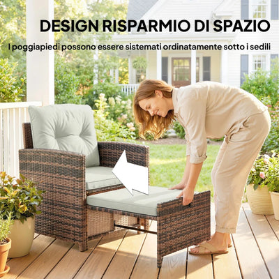Outsunny Set da Esterno in Rattan e Acciaio 5pz con 2 Pouf, 2 Sedie e Tavolino da Caffè a 2 Livelli, Marrone e Crema