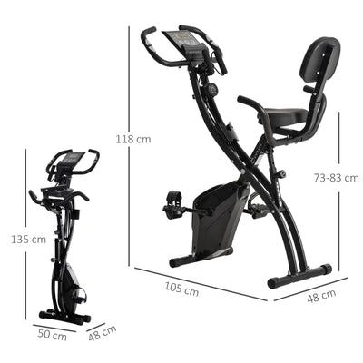 HOMCOM Cyclette Pieghevole 2 in 1, Resistenza Magnetica Regolabile 8 Livelli, Cyclette da Casa Silenziosa con Sensore Cardiaco, Sedile Regolabile, Bande Elastici, Schermo LCD, Ruote, Nero