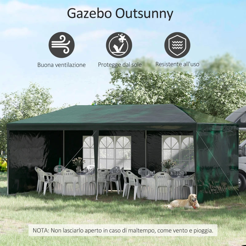 Outsunny Gazebo da Giardino 6x3 m per Eventi con Pareti Rimovibili e Finestre Trasparenti, Verde