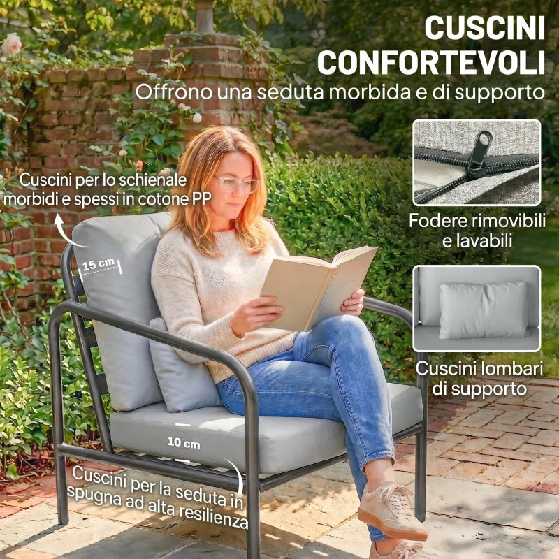 Outsunny Salotto da Giardino 4 Pezzi in Acciaio con Divano 2 Posti, 2 Poltrone e Tavolino, Grigio Chiaro
