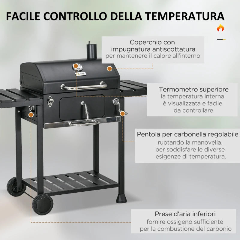 Outsunny Barbecue a Carbone con Coperchio con Termometro, Griglia Regolabile, Ruote e Tavolini, Nero