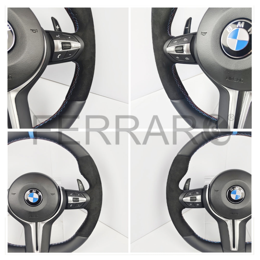 (PRENOTA) Volante per BMW, Pelle Nera, Etichetta Blu, Cromatura, Filo Multicolore