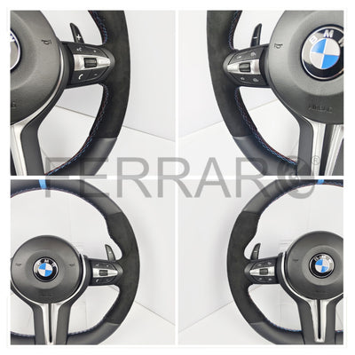 (PRENOTA) Volante per BMW, Pelle Nera, Etichetta Blu, Cromatura, Filo Multicolore