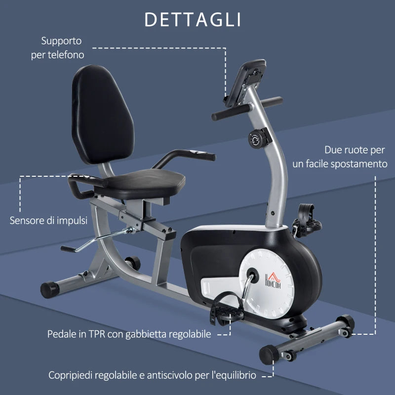HOMCOM Cyclette Orizzontale Recumbent con 8 Livelli di Resistenza, Schermo LCD e Seduta Regolabile, 122-137x62x103 cm