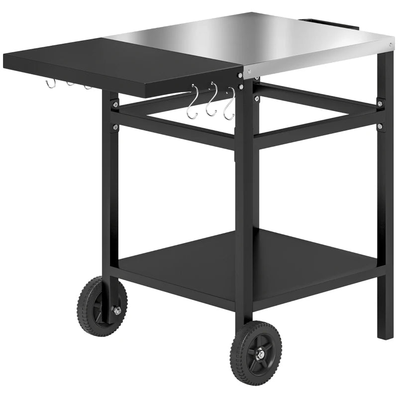 Outsunny Carrello per Barbecue con Piano in Acciaio e Ripiano Richiudibile, Ruote e Ganci, 91x58x76 cm, Nero