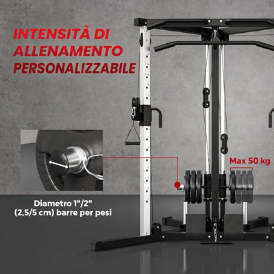 Stazione Fitness per Allenamento Totale con Sbarra per Trazioni e Bilanciere, in Acciaio, 170x139x200 cm, Nero