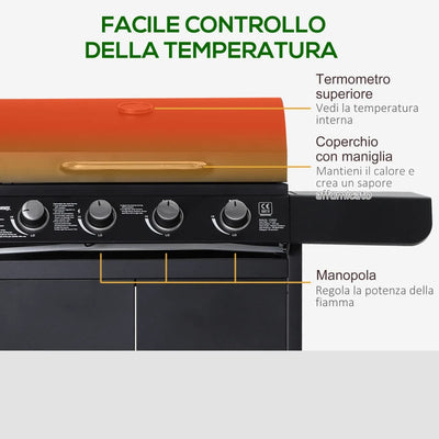 Outsunny Barbecue a Gas a 5 Fornelli con Ripiani Laterali e Armadietto, in Acciaio e PP, 125x51x100 cm, Nero