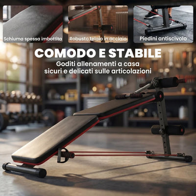 HOMCOM Panca per Addominali Pieghevole e Regolabile con Vogatore e 2 Corde, in Acciaio 51x137x50-66 cm, Nera e Rossa