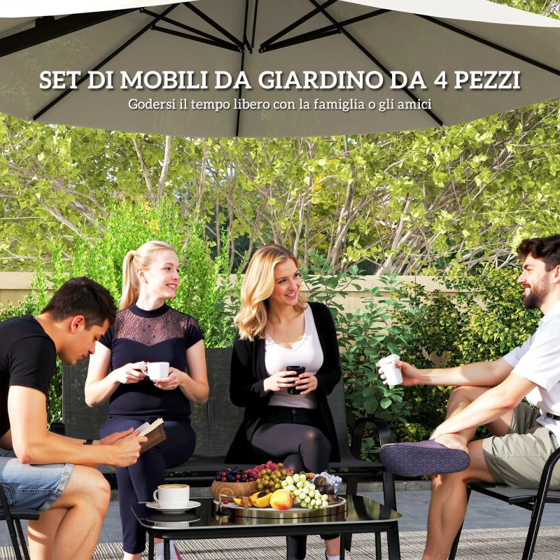 Outsunny Set da Giardino con Divano 2 Posti, 2 Poltrone Impilabili e Tavolino in Vetro, Nero