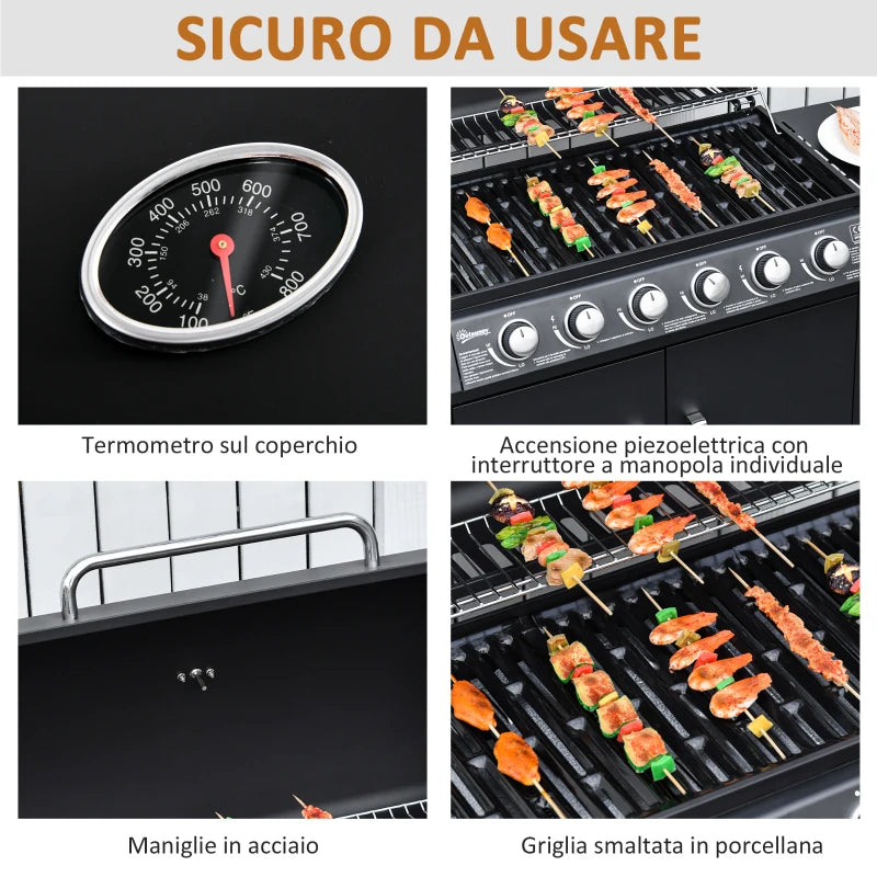 Outsunny Barbecue a Gas con Coperchio, 7 Bruciatori da 20kW, Fornello Laterale e 2 Ruote, 135x50x100 cm, Nero