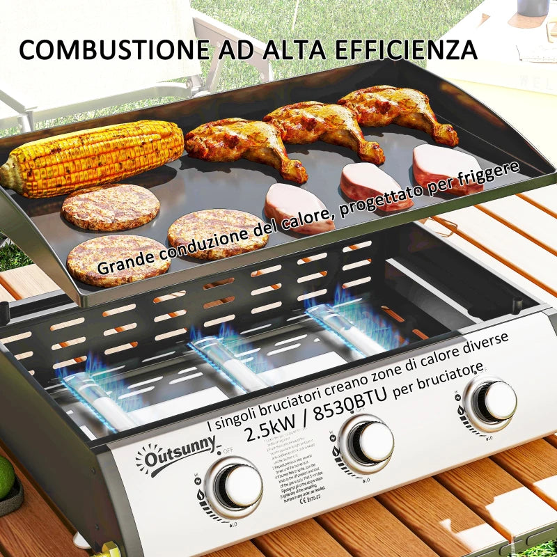 Outsunny Piastra a Gas in Acciaio Smaltato con 3 Bruciatori Potenza 7.5kW, 3 Zone di Cottura e Coperchio, Nero