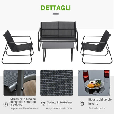 Outsunny Set Salotto da Giardino da 4 Pezzi, con Divanetto da Esterno a 2 Posti, 2 Sedie e Tavolo da Caffè in Vetro Temperato, Set di Mobili da Giardino in Metallo e Texteline, Nero