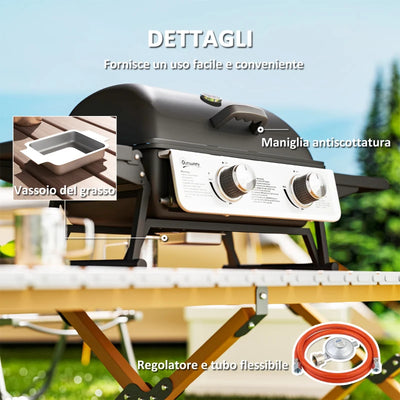 Outsunny Barbecue a Gas Portatile con 2 Bruciatori e Coperchio con Termometro, Nero