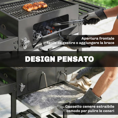 Outsunny Barbecue a Carbone a Rotelle con Griglia Regolabile e Ripiani Pieghevoli, in Acciaio e PP, 133.5x65x110 cm, Nero