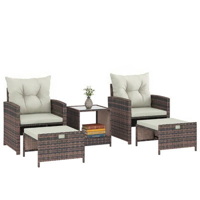 Outsunny Set da Esterno in Rattan e Acciaio 5pz con 2 Pouf, 2 Sedie e Tavolino da Caffè a 2 Livelli, Marrone e Crema