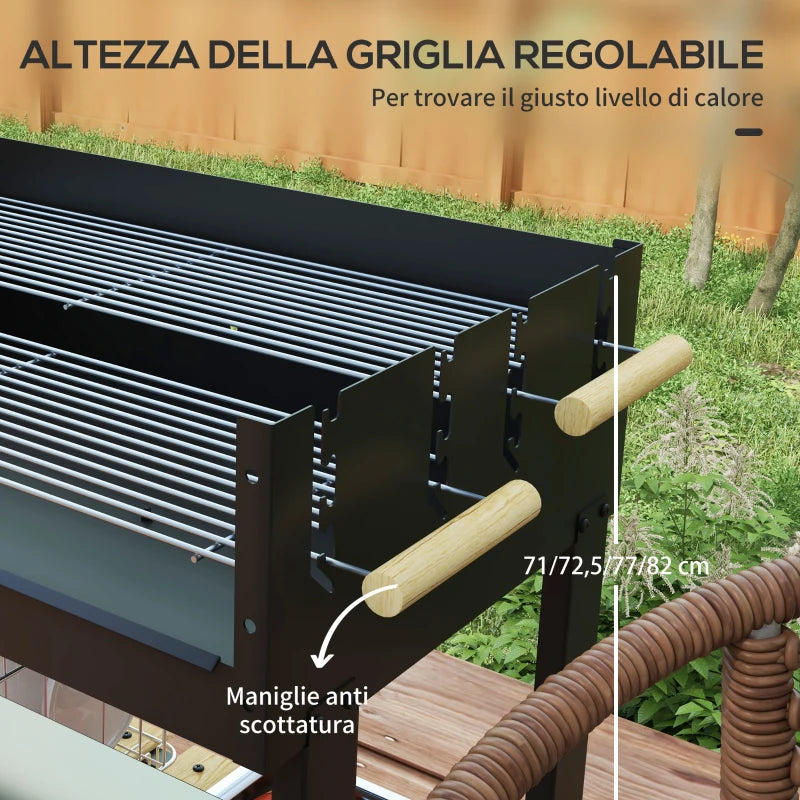 Outsunny Barbecue a Carbonella ad Altezza Regolabile con 2 Griglie e 2 Ripiani, in Metallo e Legno, 113x53.5x82.5 cm, Nera