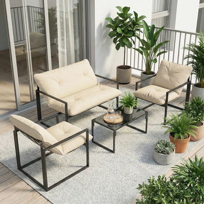 Outsunny Set da Giardino 4 Pezzi con Divanetto, 2 Poltrone e Tavolino, in Acciaio, Poliestere e Cotone PP, Beige e Grigio