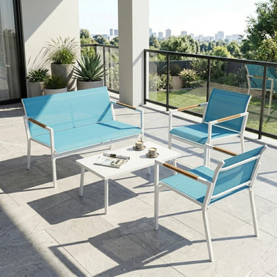 Outsunny Set Giardino 4 Posti Divano, Poltrone, Tavolo in Metallo, Blu.