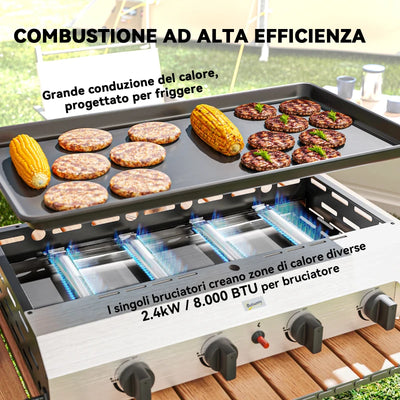 Outsunny Piastra Barbecue a Gas con 4 Bruciatori da 2.4kw e Piano Antiaderente, 77x44.5x19cm, Argento
