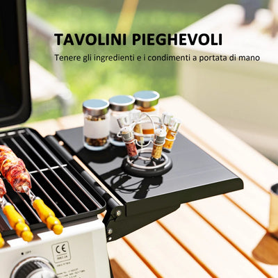Outsunny Barbecue a Gas Portatile con 2 Bruciatori e Coperchio con Termometro, Nero