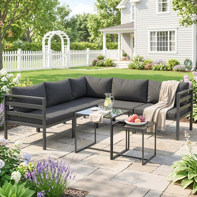 Outsunny Set da Giardino 7 Pezzi in Acciaio e Poliestere con 5 Sedie con Cuscini e 2 Tavolini da Caffè, Grigio