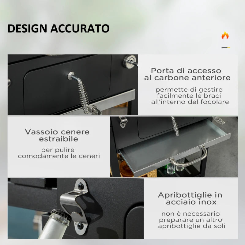 Outsunny Barbecue a Carbone con Coperchio con Termometro, Griglia Regolabile, Ruote e Tavolini, Nero