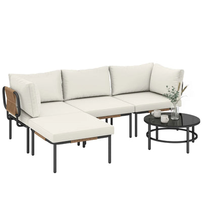 Outsunny Set da Giardino 5 Pezzi in Rattan Modulabile con Divano a L, Tavolino e Cuscini, Cachi