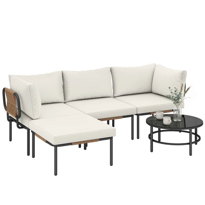 Outsunny Set da Giardino 5 Pezzi in Rattan Modulabile con Divano a L, Tavolino e Cuscini, Cachi