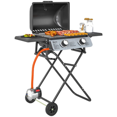 Outsunny Barbecue a Gas Portatile con 2 Bruciatori e 2 Tavolini, Coperchio con Termometro e Ruote, Nero