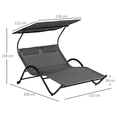 Outsunny Lettino Prendisole Reclinabile a 2 Posti con Ruote, Poggiatesta Imbottito e Tetto, 200x137x138 cm, Grigio