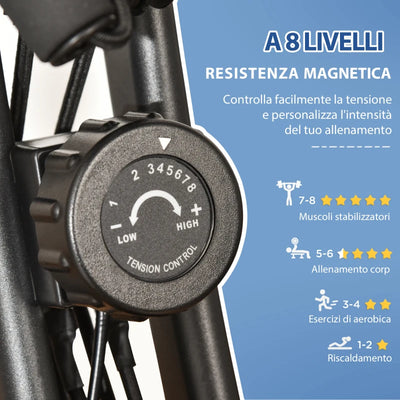 HOMCOM Cyclette Pieghevole 2 in 1, Resistenza Magnetica Regolabile 8 Livelli, Cyclette da Casa Silenziosa con Sensore Cardiaco, Sedile Regolabile, Bande Elastici, Schermo LCD, Ruote, Nero
