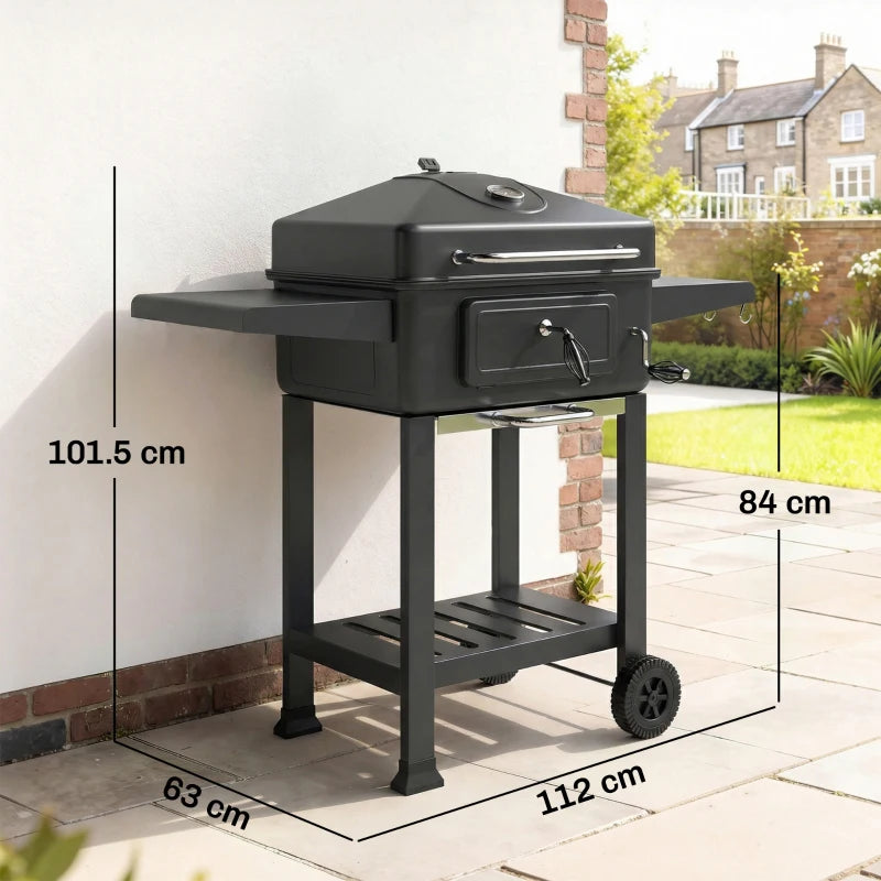 Outsunny Barbecue a Carbone, Affumicatore Portatile con Ventilazione, Termometro e Mensole Laterali, Nero