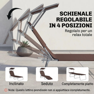 Outsunny Lettino Sdraio da Esterno, Sedia Sdraio da Esterno Pieghevole e Regolabile con Tettuccio in Tessuto Marrone, 187x58x36cm