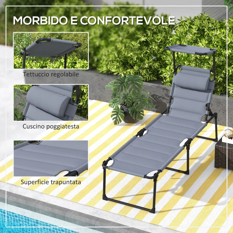 Outsunny Set 2 Lettini Prendisole Reclinabili ad Altezza Regolabile, 70x201.5x45 cm, Nero e Grigio
