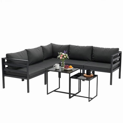Outsunny Set da Giardino 7 Pezzi in Acciaio e Poliestere con 5 Sedie con Cuscini e 2 Tavolini da Caffè, Grigio