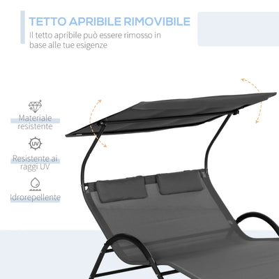 Outsunny Lettino Prendisole Reclinabile a 2 Posti con Ruote, Poggiatesta Imbottito e Tetto, 200x137x138 cm, Grigio