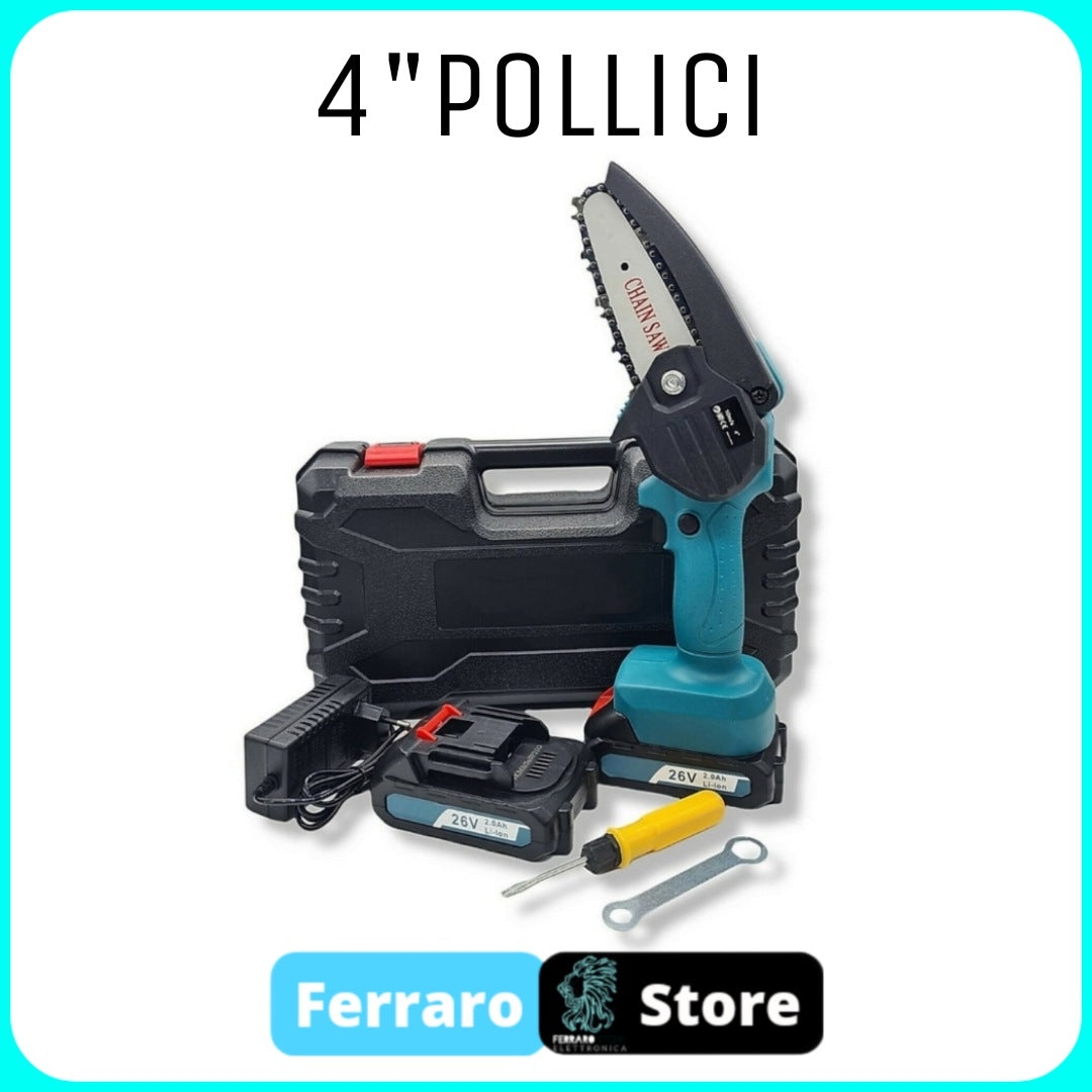 Kit 2 in 1 Mini Motosega Elettrica e Forbici Cesoia Potatura, 4 Batterie, Doppia Valigetta e Completa di Accessori