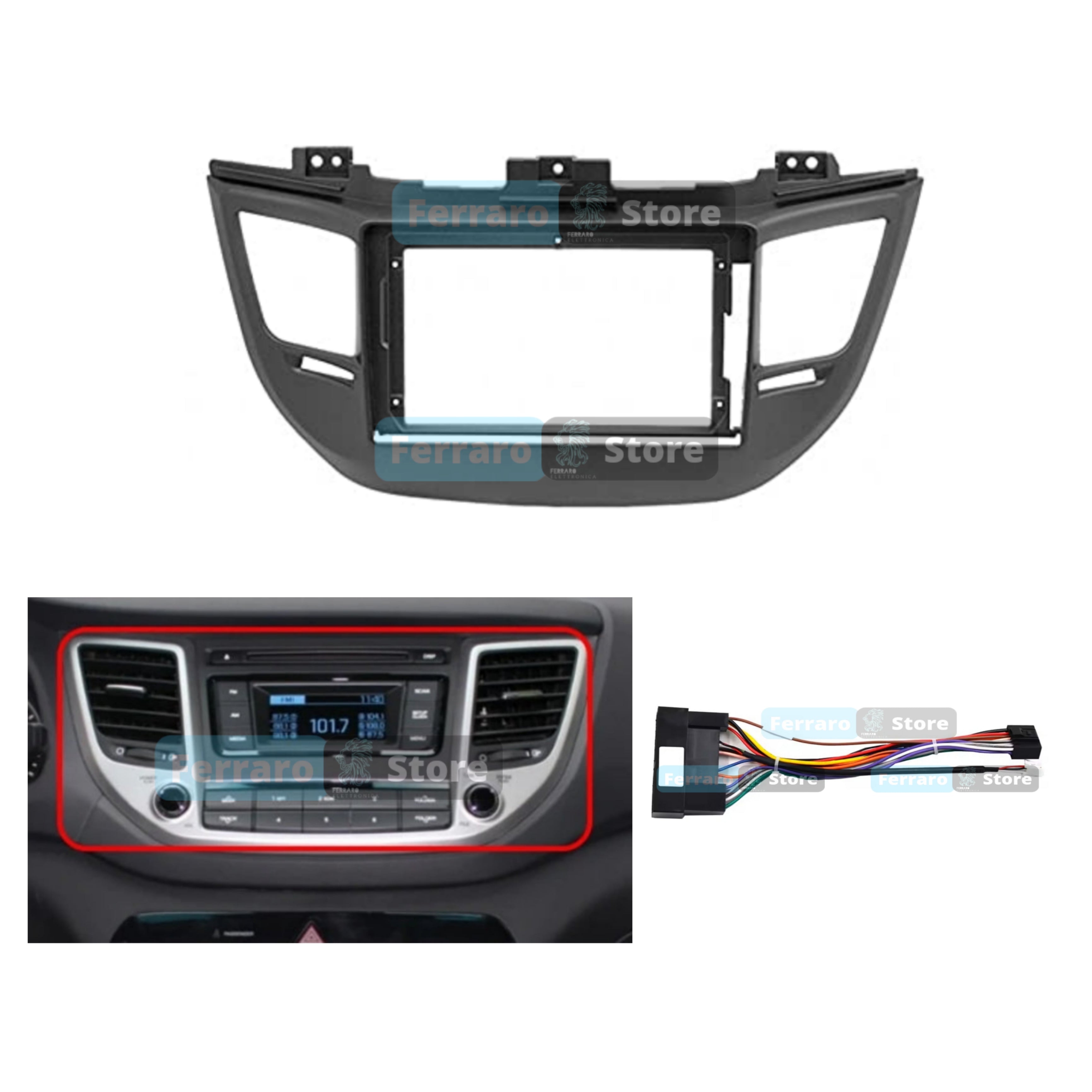 Kit Montaggio Autoradio 9"Pollici Hyundai IX35, Tucson 3 (2015-2018) Mascherina, Cablaggio per Autoradio Android