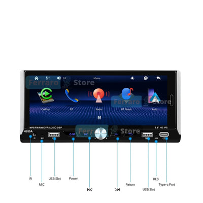 Autoradio Universale Fisso, 1Din 6.9"Pollici, Bluetooth, CarPlay, Android Auto