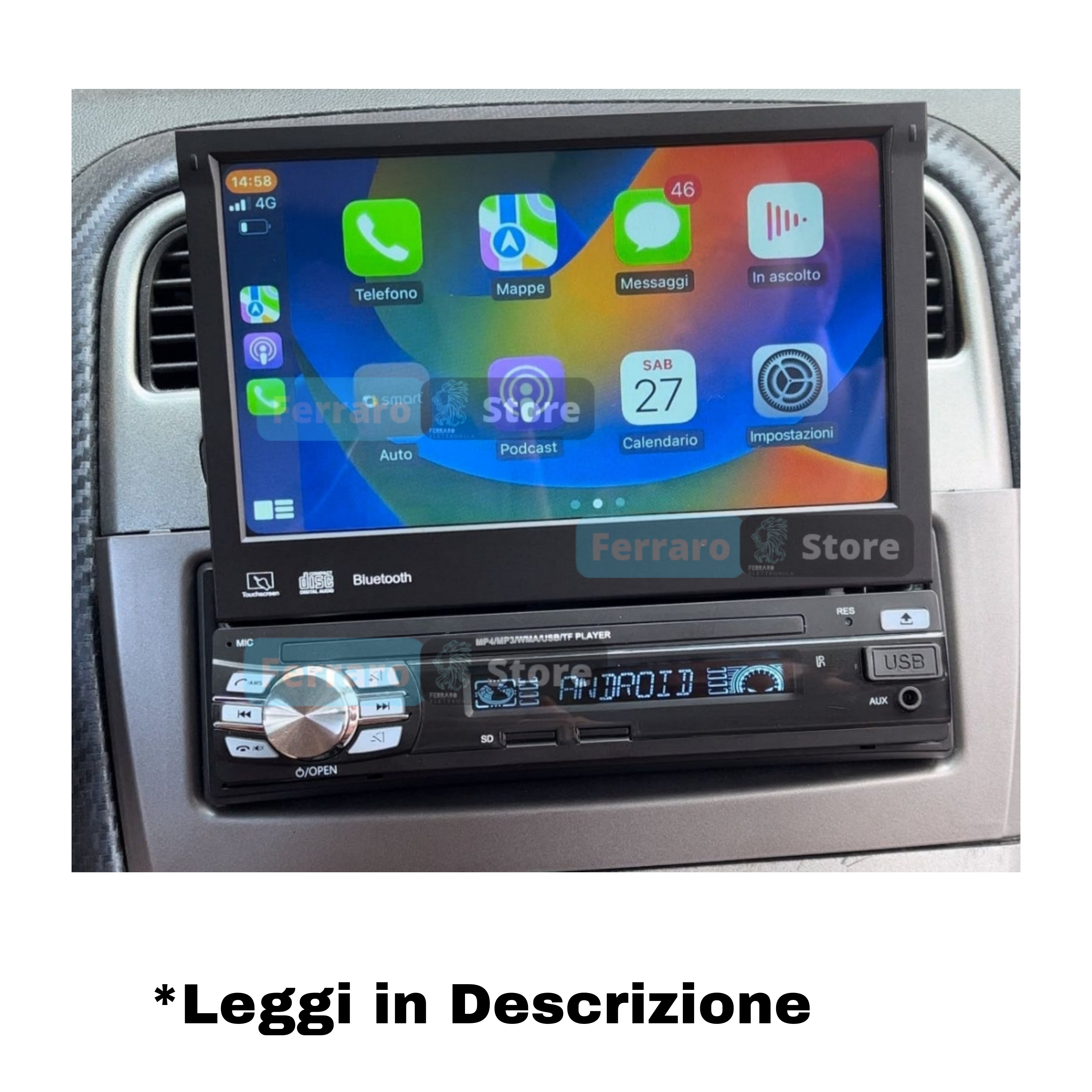 Autoradio Universale Motorizzato (Android) 1Din 7"Pollici, Bluetooth, CarPlay, Android Auto, 2/32GB Ram