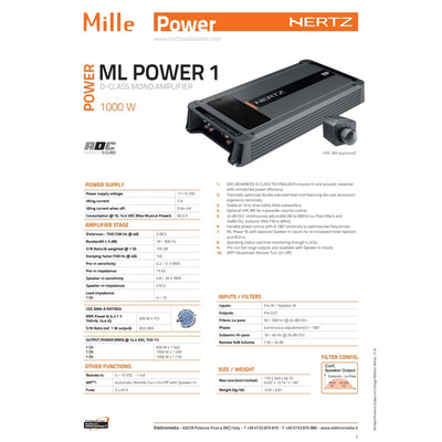 Hertz Sound Amplificatore Hertz Mille ML Power 1, Classe D Mono 1x1000w Rms, DBX 30.3