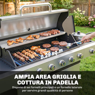 Outsunny Gas Barbecue, 6 Burners, Side Burner, Cast Iron Grill, Cabinet Included.
