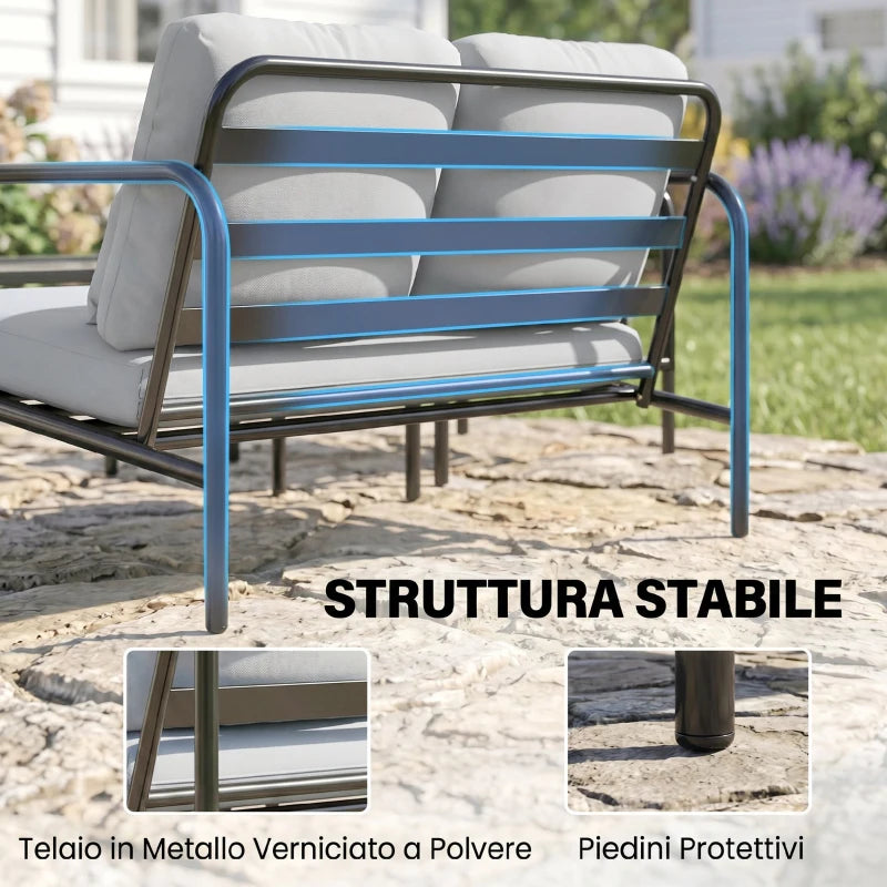 Outsunny Salotto da Giardino 4 Pezzi in Acciaio con Divano 2 Posti, 2 Poltrone e Tavolino, Grigio Chiaro