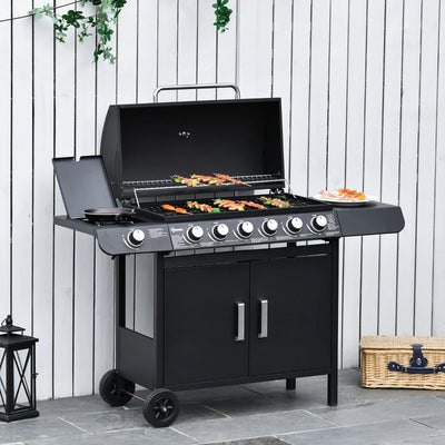 Outsunny Barbecue a Gas con Coperchio, 7 Bruciatori da 20kW, Fornello Laterale e 2 Ruote, 135x50x100 cm, Nero