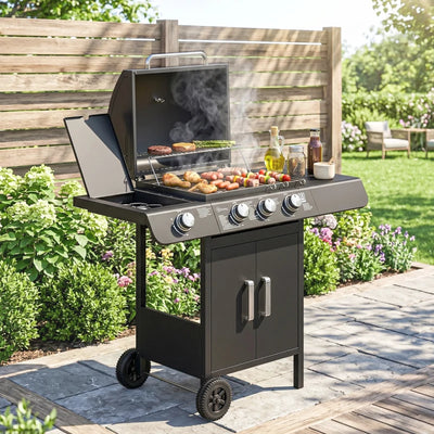 Outsunny Barbecue a Gas con Coperchio, 4 Bruciatori da 11.6kW, Fornello, Mensola e 2 Ruote, 110x50x100cm Nero