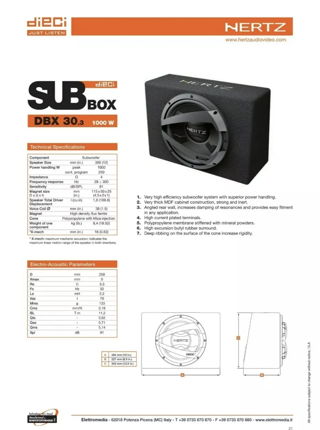 Hertz DBX 30.3, Subwoofer, 300mm, 1000w, 4 Ohm